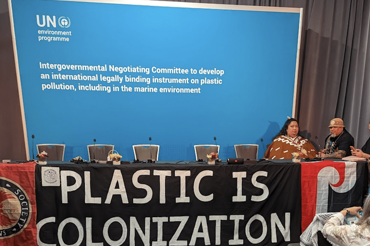 "Plastic is Colonization" banner at INC-4